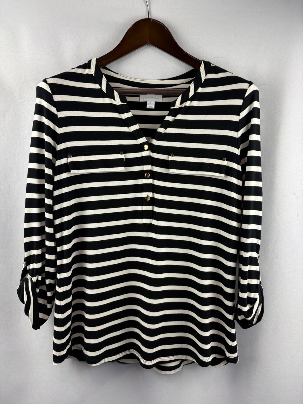 Women’s Charter Club Medium Black & White Striped Blouse